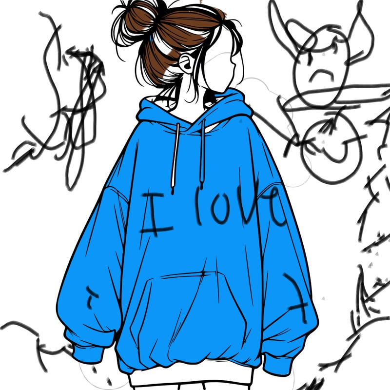 realistic girl with a oversized sweatshirt on and a bun
