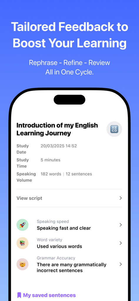 Else: AI English Tutor - Lernfeedback-Bildschirm der Else AI English Tutor-App, der Studienmetriken und Grammatikanalysen anzeigt