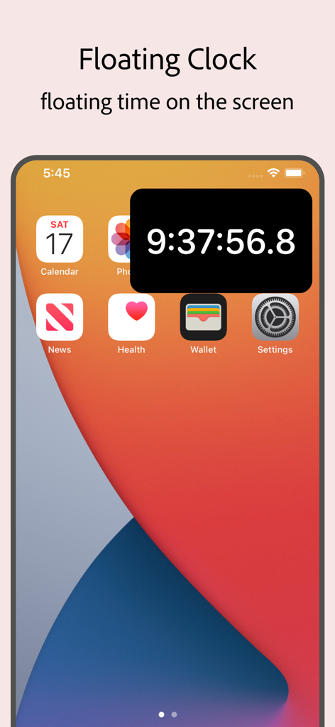 Top Clock - Floating Clock - Top Clock app displaying a floating digital clock with milliseconds on an iPhone home screen