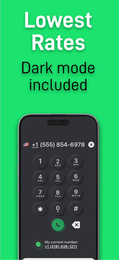 2nd Phone Number: Burner.: App - 2nd Phone Number app dark mode interface showing the dialpad and lowest rates text