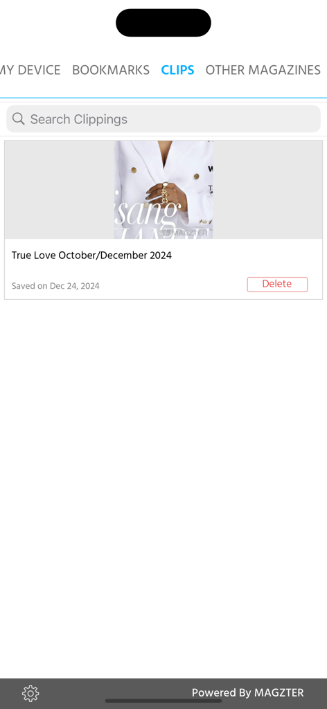 True Love SA - Clips tab in the True Love SA app featuring a saved magazine clipping