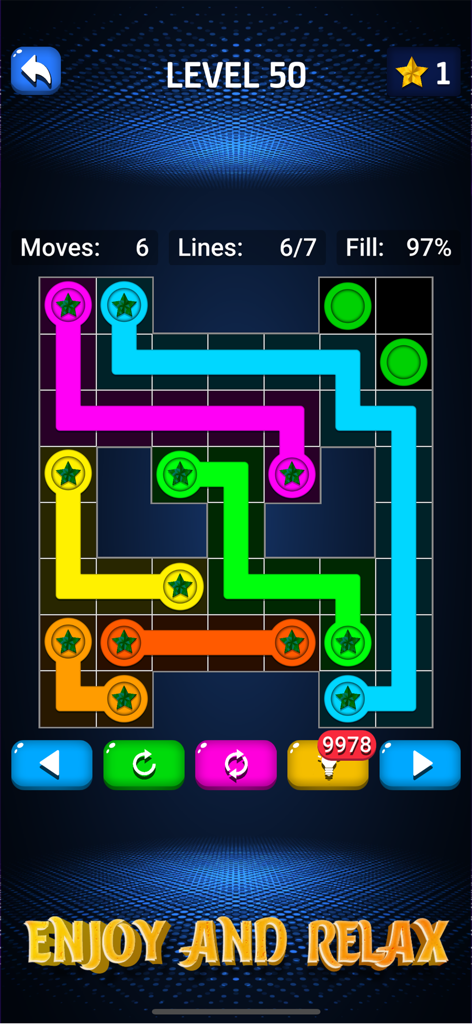 Gameplay screen of Connect Dots Color Matching showing a logic puzzle with colored lines connecting dots on a grid.
