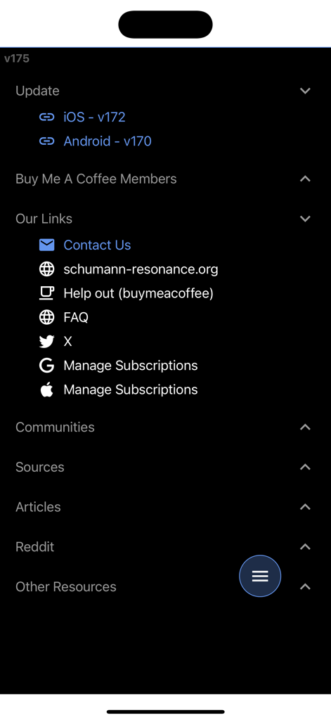 Menu screen of the Schumann Resonance app with links to contact information, FAQ, and community resources.
