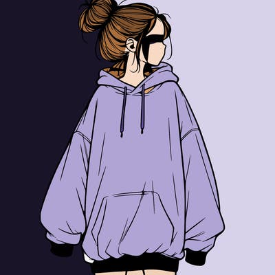 realistic girl with a oversized sweatshirt on and a bun