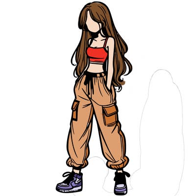 girl in baggy pants crop top and long hair