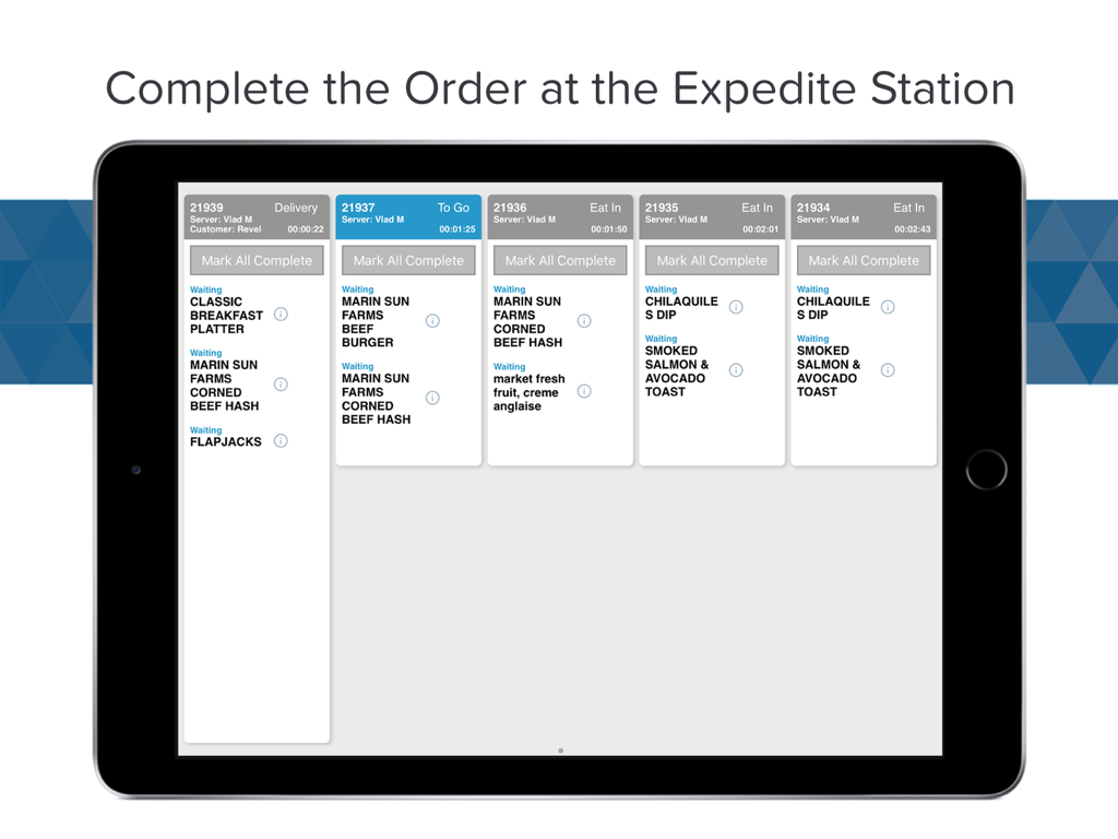 Revel KDS - 2.79 - iPad screen displaying the Revel KDS expedite station with digital order tickets for a restaurant kitchen