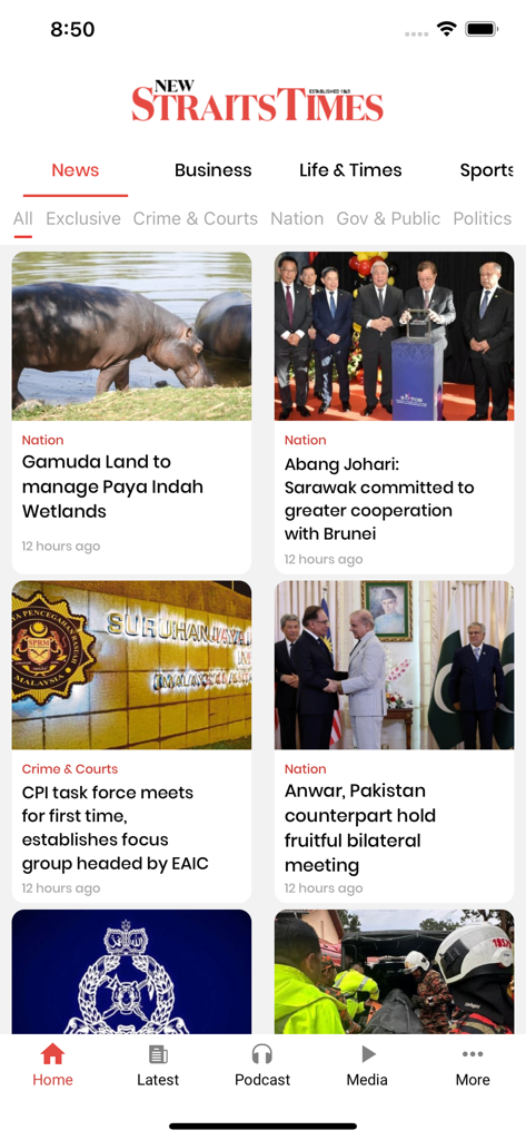 Interface of the New Straits Times Mobile app showing the latest Malaysian news articles and categories