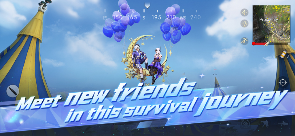 Two game characters sitting on a crescent moon in the sky with the text Meet new friends in this survival journey