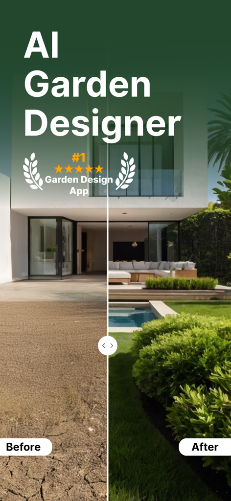 Écran partagé montrant un jardin sec transformé en un jardin moderne luxuriant avec une piscine à l'aide de l'IA