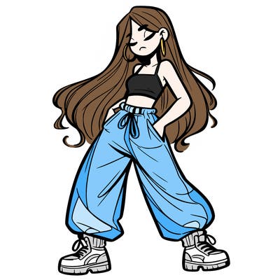 girl in baggy pants crop top and long hair