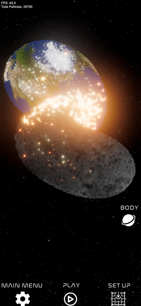 Real-time planetary collision simulation with particle physics.