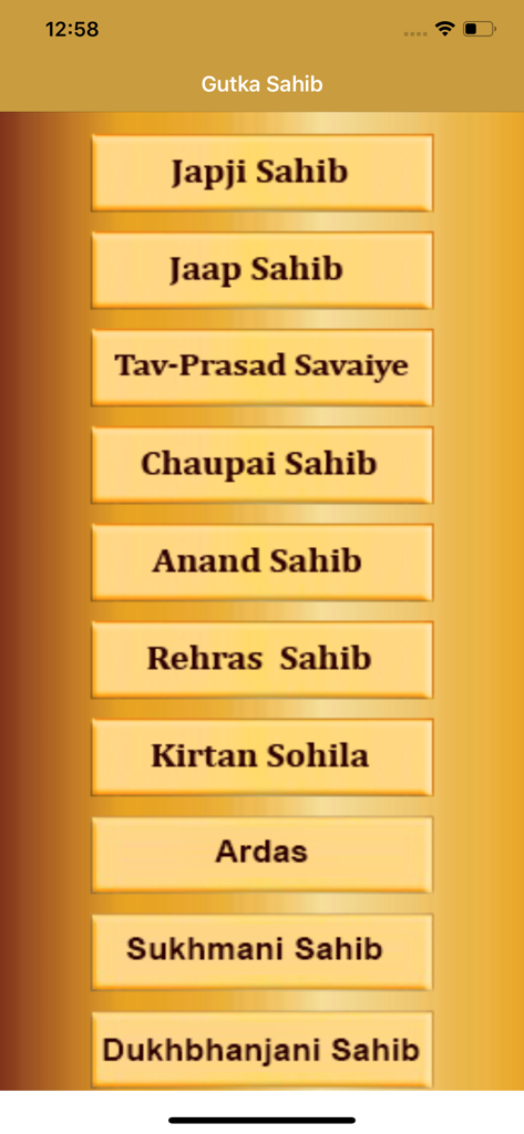Gutka Sahib Audio - Main menu of Gutka Sahib Audio app listing various Sikh prayers like Japji Sahib and Jaap Sahib