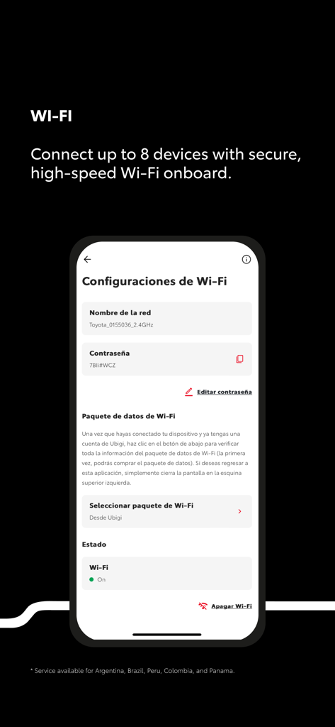 Toyota LATAM app interface for configuring onboard Wi-Fi and selecting data packages.