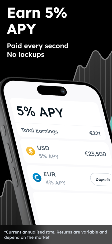 Zeal: Digital Wallet & Card - Schermata dell'app Zeal che mostra guadagni del 5% di TAEG su saldi USD ed EUR