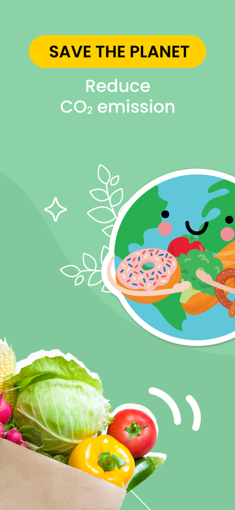 Yindii - Sustainable Food App - Yindii app screenshot showing a cartoon earth holding food and a bag of fresh vegetables with the text Save the Planet
