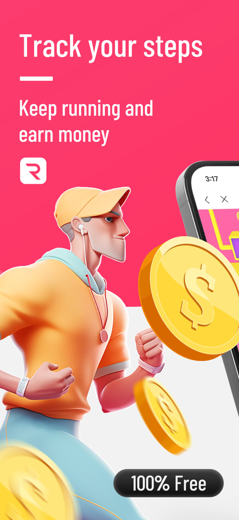 Runtopia-Reward RunningTracker - 돈을 벌기 위해 걸음 수를 추적하도록 권장하는 금화와 텍스트가 있는 3D 만화 러너