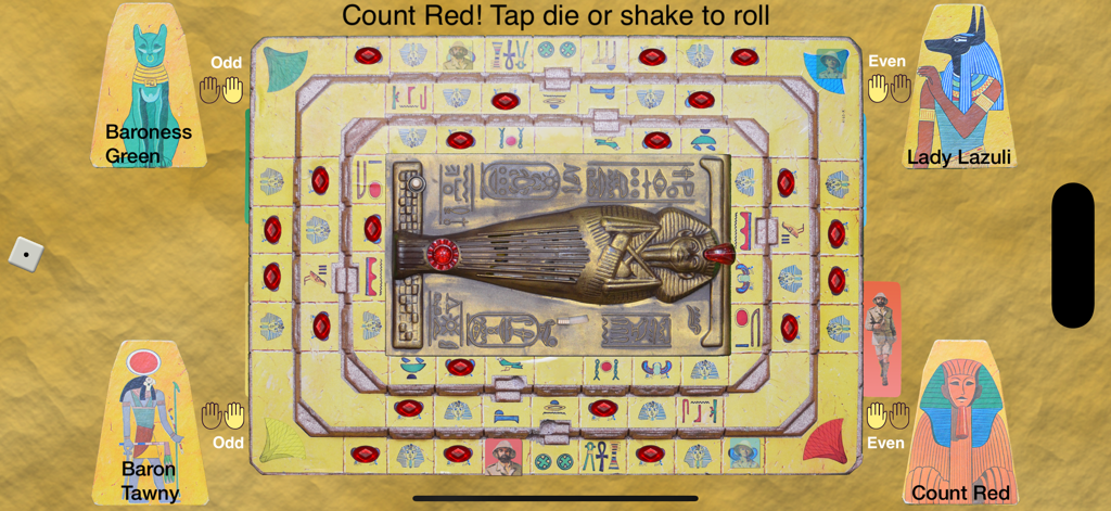 Voice of the Mummy - A digital reproduction of the Voice of the Mummy board game showing the central golden sarcophagus and character tokens.