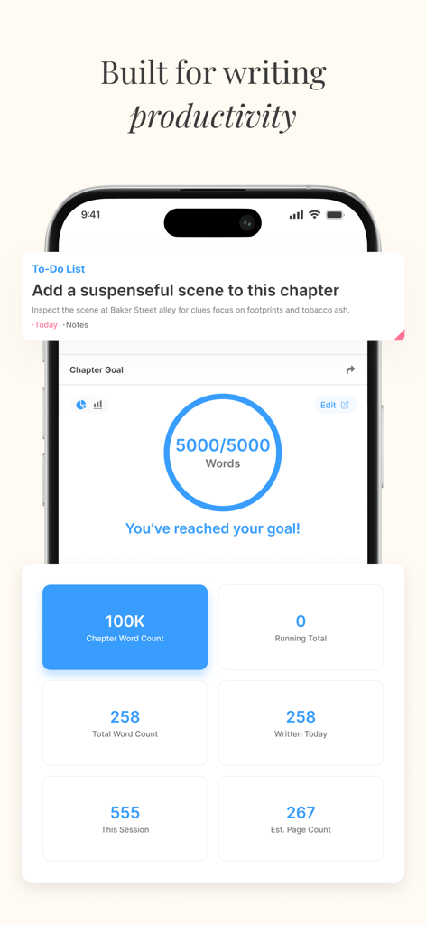 LivingWriter: Write Anywhere - LivingWriter dashboard showing chapter word count goals and writing statistics.