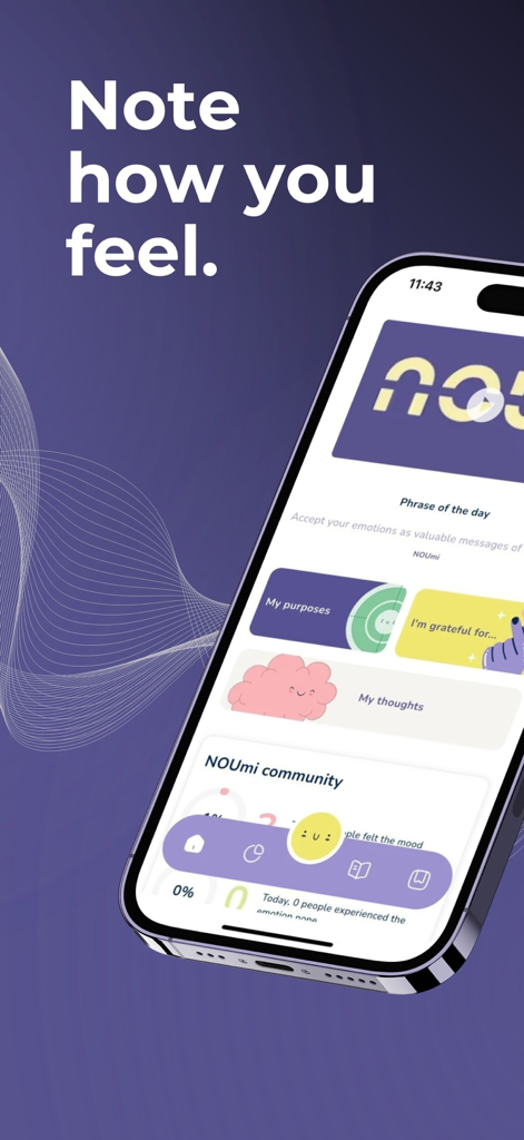 NOUmi app interface showing daily gratitude and emotion tracking features.