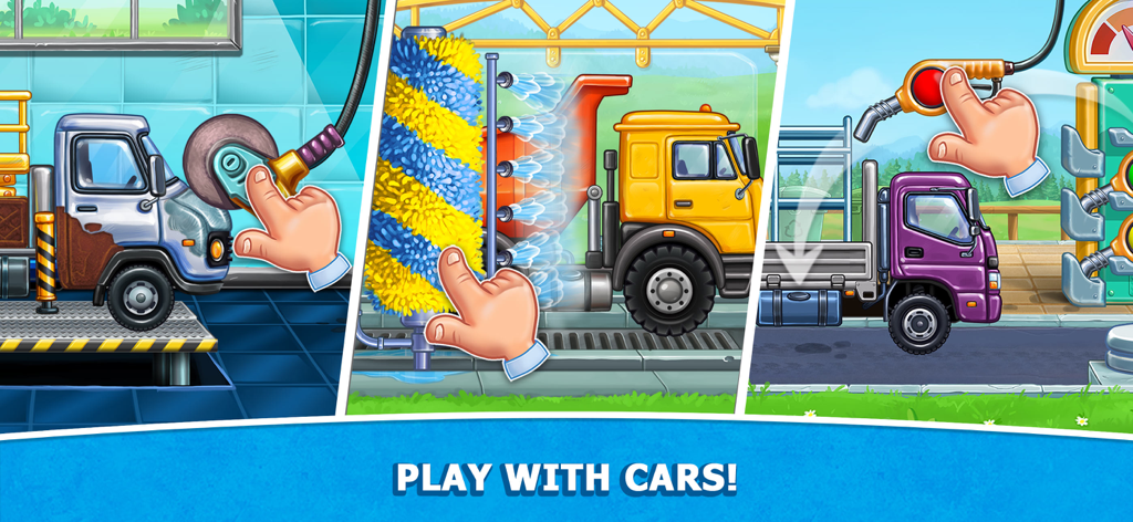 Three interactive mini games for kids showing truck maintenance including washing and refueling