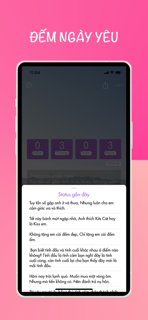 inlove - love counter - Una interfaz móvil de la aplicación inlove que muestra un contador de duración de amor y una lista de mensajes de estado románticos.