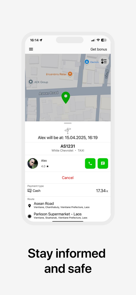 Flash Delivery LAO - Lao Taxi app interface showing driver details arrival time and route tracking in Vientiane