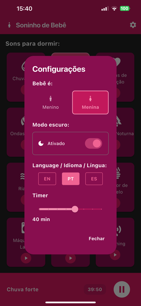 Soninho Bebê - Settings screen of the Soninho Bebê app showing options for gender selection, dark mode, multilingual language support, and a sleep timer.