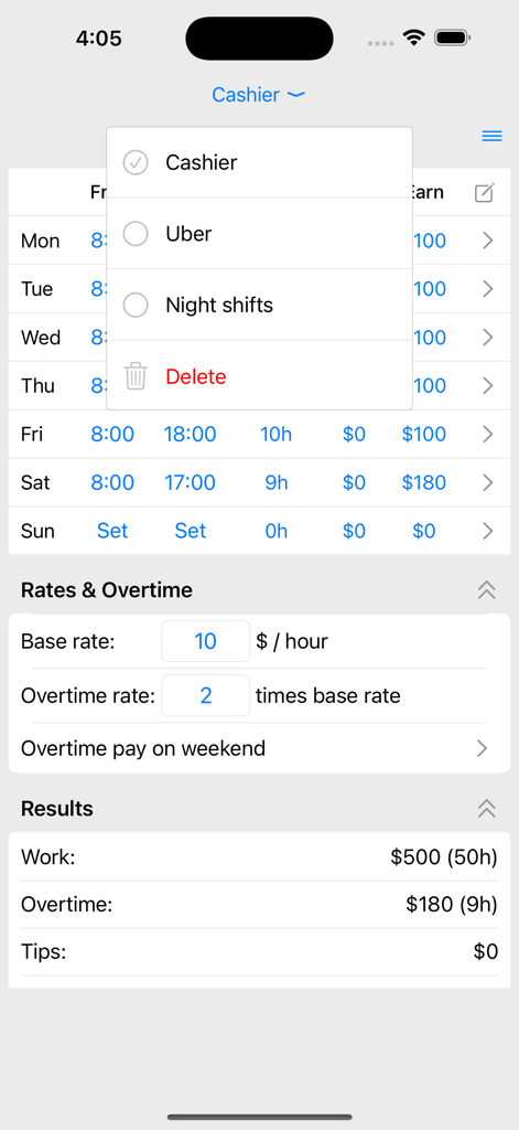 Pantalla de la aplicación Calculadora de Salarios que muestra el seguimiento de ingresos para múltiples trabajos como Cajero y Uber con configuraciones de tarifa de horas extra