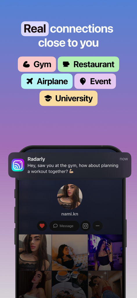 Radarly: Find People Near Me - Radarly app screen showing real connections close to you with activity tags like gym and restaurant and a user profile