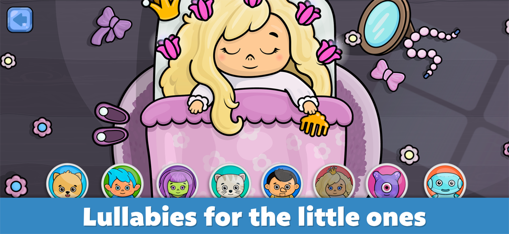 Baby piano for kids & toddlers - A cartoon girl sleeping in bed illustrating the lullabies feature for toddlers