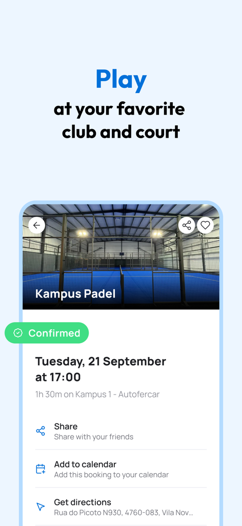 Smashpro - Book Padel - A mobile app screen showing a confirmed Padel court booking at Kampus Padel with options to share, add to calendar, and get directions.