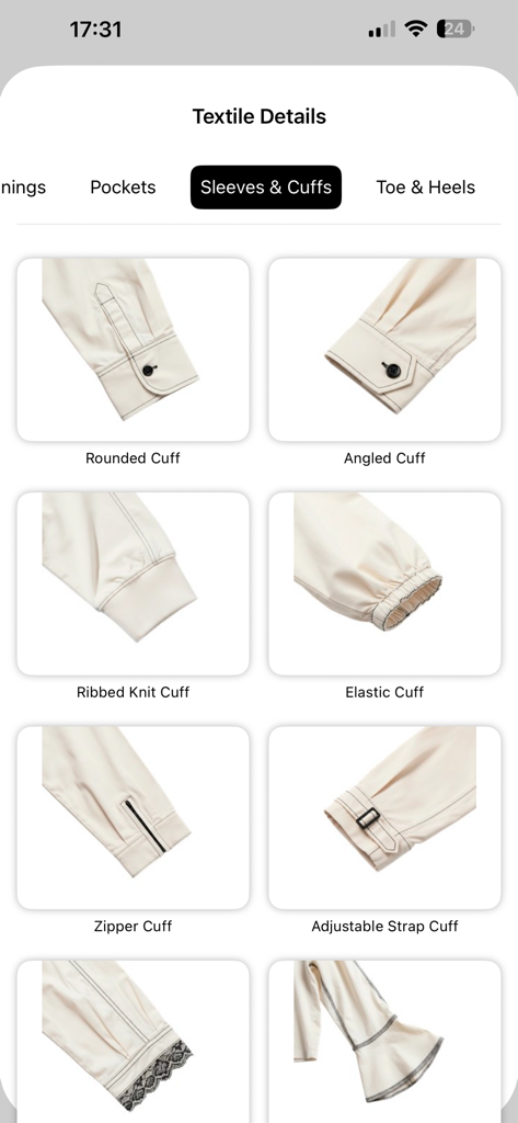 A library of various fashion sleeve and cuff design options within the app