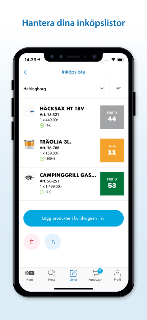 Biltema - Interfaz de la aplicación móvil de Biltema que muestra una lista de compras con nombres de productos y ubicaciones en los estantes del almacén.