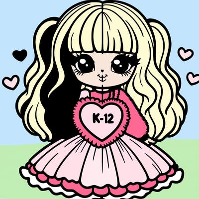a split hair dyed girl with a puffy dress that has a heart that says k-12 on it