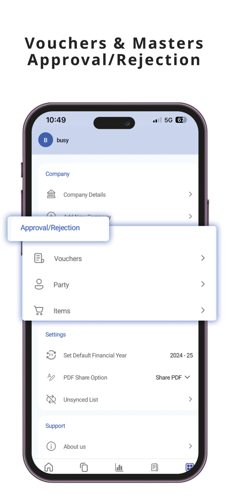 Busy: GST Billing & Accounting - Voucher and master approval screen in the Busy accounting app