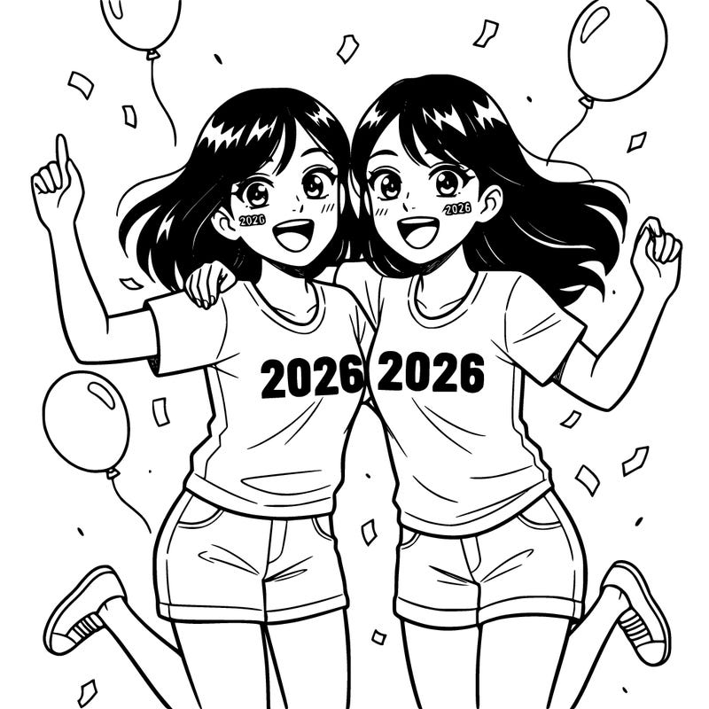 a girl celebrating the new year with her best friend. both asian girls about 17 years old, please no background, and the have a 2026 tattoo on their cheeks.