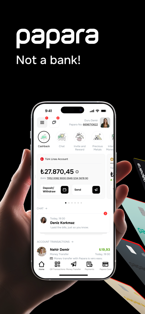 Papara - Smartphone affichant l'interface de l'application fintech Papara avec le slogan Pas une banque