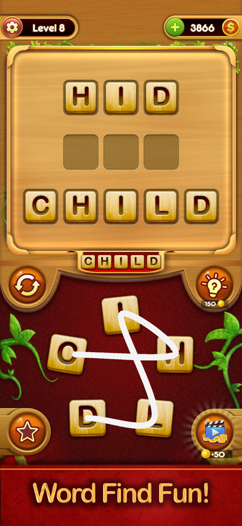 Pantalla de juego de rompecabezas de palabras en Word Connect que muestra letras conectadas para formar palabras sobre un fondo de madera.
