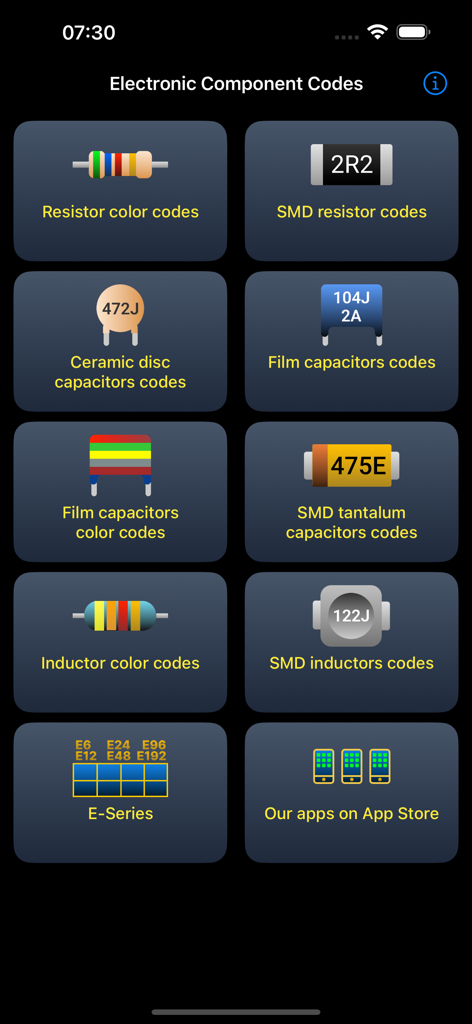 Electronic Component Codes - Tableau de bord de l'application Codes des composants électroniques montrant les options de menu pour les calculatrices de codes de résistances, condensateurs et inductances