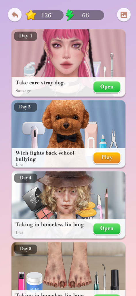 ASMR Simulator-Makeover&Relax - Auswahlmenü, das verschiedene Level für Makeover, Tierpflege und Hautpflege in der ASMR Simulator App zeigt.