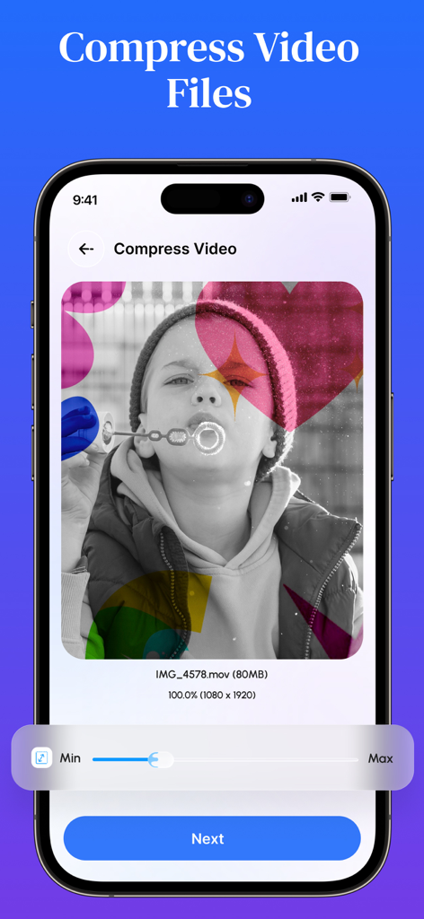QuickTools Media & Files - Interface of the QuickTools app showing the video compression tool with an adjustable slider for file size