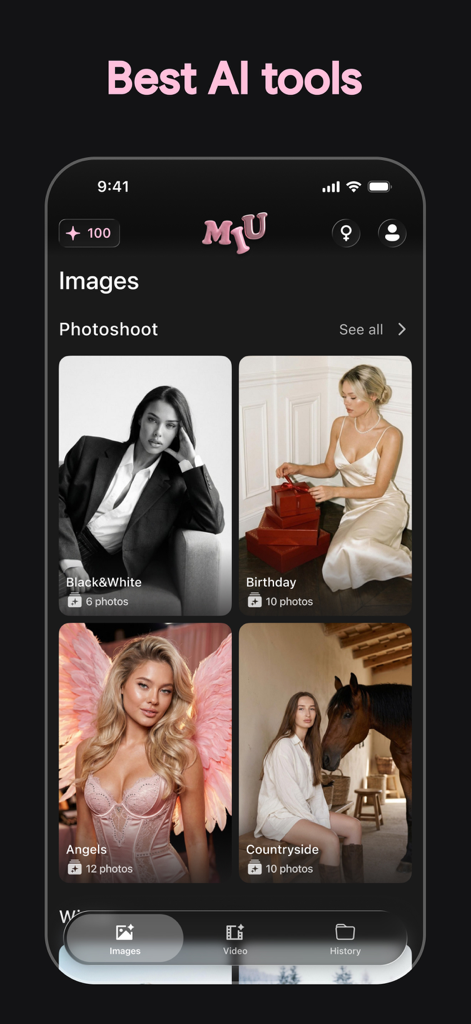 MIU AI app interface displaying various AI-generated photoshoot categories including Black and White and Birthday styles