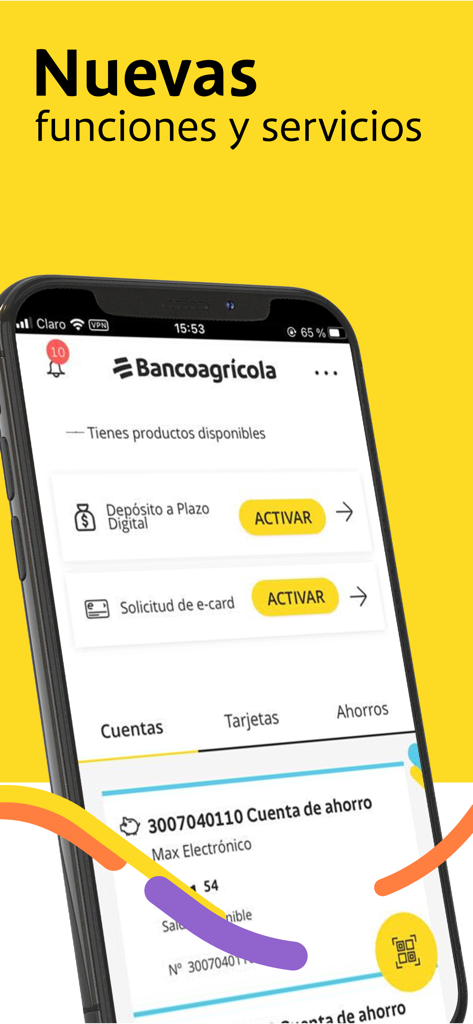 Bancoagrícola - Tela do smartphone mostrando o painel do aplicativo móvel Bancoagrícola com opções para depósitos digitais e ativação de e-card