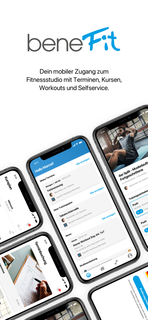 beneFit Fitness - Mobile app screens for beneFit Fitness showing workout plans and gym appointments