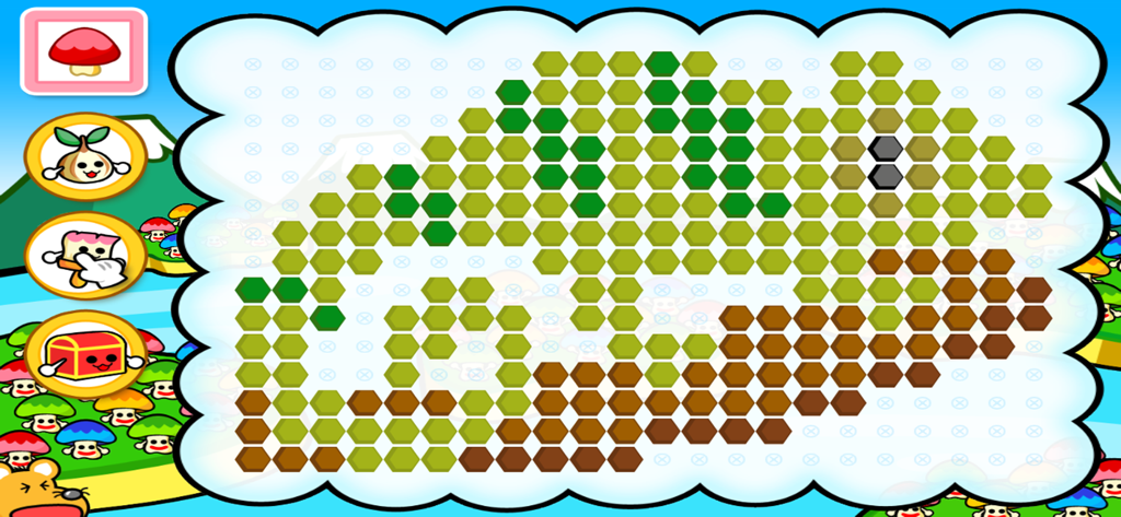 Thumbtack Painter Plus - Un dibujo digital colorido de una criatura verde y marrón hecha con clavijas hexagonales en un tablero en forma de nube