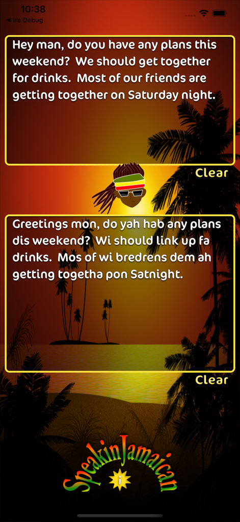 Speakin Jamaican - Speakin Jamaican app interface showing English to Patois text translation with a tropical background