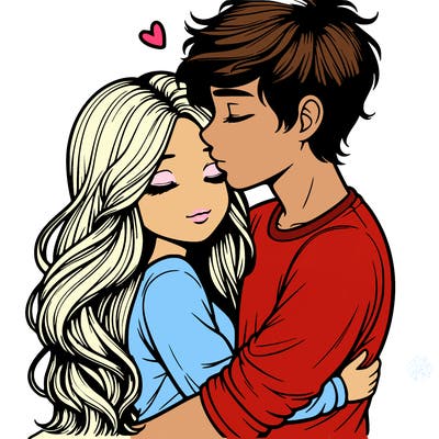 a realistic couple boy and girl hugging and kissing