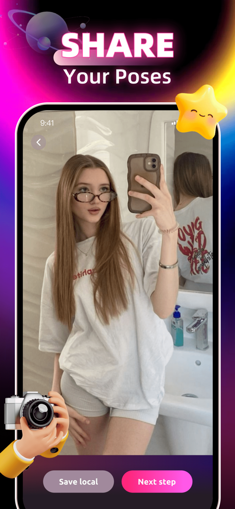 Video Chat，Connect，Share：Olphy - A woman taking a mirror selfie on the Olphy app interface with a Share Your Poses heading and a Save local button.
