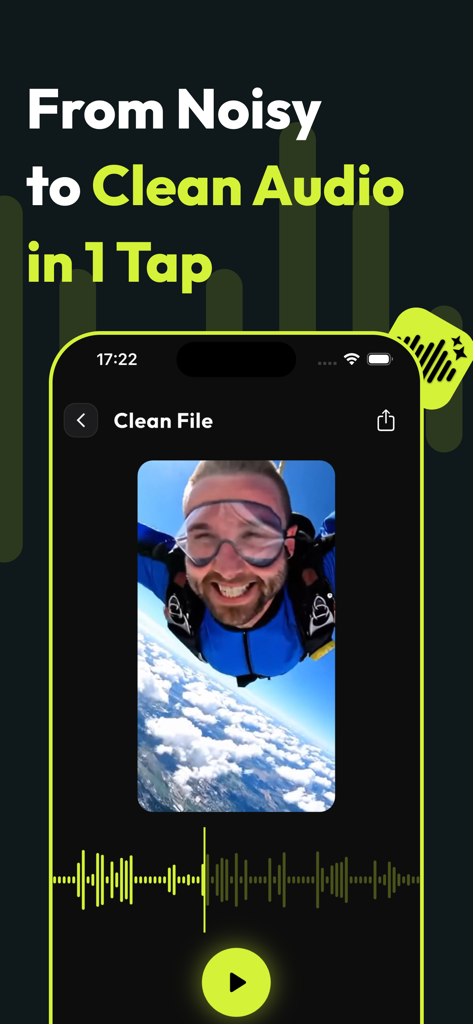 Noise Reducer & Recorder - ClearVoice app interface showing one tap AI audio noise reduction for a skydiving video