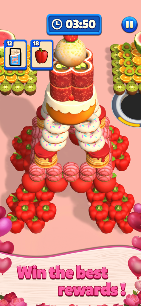 Hole Busters 3D - A colorful tower of 3D food items including donuts and cakes in the Hole Busters 3D mobile game
